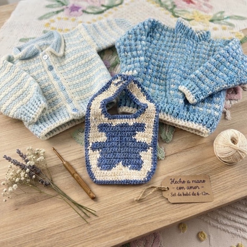 Vintage Handmade Crochet Baby Sweater Set Blue White Cardigan Pullover Bib 3pc